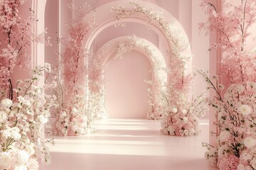 light pink colored arch wall, boho flowers standing on the sides, arch shaped white pink flowers...