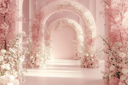 light pink colored arch wall, boho flowers standing on the sides, arch shaped white pink flowers hanging on the wall, minimal
