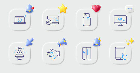 Brand ambassador, T-shirt and Tablet pc line icons. Buttons with 3d bell, chat speech, cursor. Pack of Volunteer, Report statistics, Refrigerator icon. 5g notebook, Fake news pictogram. Vector