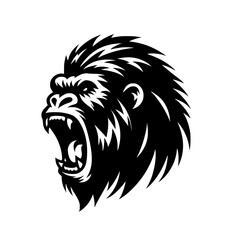 Vector logo of a raging gorilla. Professional logo of a chimpanzee. Black and white logo of an ape isolated on white background.