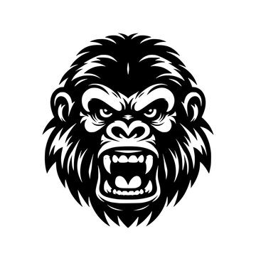 Vector logo of a raging gorilla. Professional logo of a chimpanzee. Black and white logo of an ape isolated on white background.