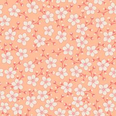 Peach Fuzz Floral Print. Ditsy cherry Blossom seamless pattern. Orange botanical flower background. Good for fabric, fashion design, kimono, summer dress, textile, wallpaper, clothing.