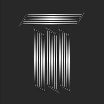 Creative Initial letter M monogram logo, silver thin lines pattern art style with curls, metallic parallel stripes from smooth. Curved identity calligraphy mark.