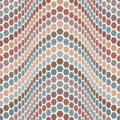 Seamless repeating pattern with horizontal wavy lines made of small multicolored hexagons. Modern striped texture. Abstract geometric background. Vector illustration.