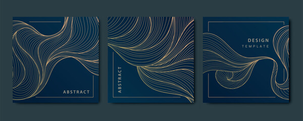 Vector set of art deco cards, line wave patterns, japanese style sea illustrations. Vintage luxury abstract graphic, gold shape elements