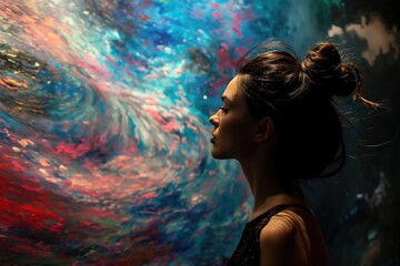 side view of a woman in art gallery getting sucked into a time portal 