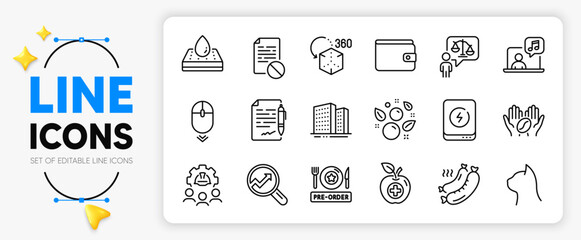 Coffee, Engineering team and Agreement document line icons set for app include Waterproof mattress, Scroll down, Augmented reality outline thin icon. Analytics, Music, Lawyer pictogram icon. Vector