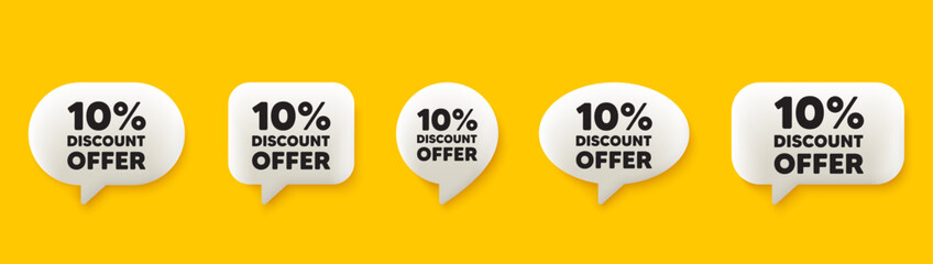 10 percent discount tag. 3d chat speech bubbles set. Sale offer price sign. Special offer symbol. Discount talk speech message. Talk box infographics. Vector