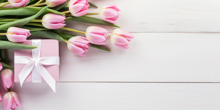 Bunch of tulips, holiday gift box on a white wooden background. There is empty space on the side of the photo for text and advertising. Holiday banner.Flat lay. Top view
