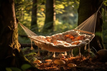A hammock in a forest with fairies and mushrooms