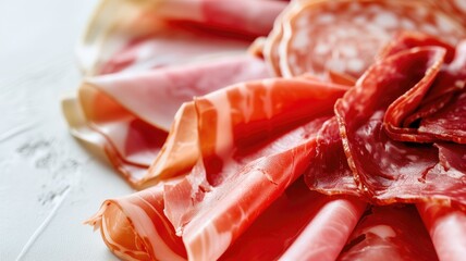 Close-up of assorted, thinly sliced cured meats - obrazy, fototapety, plakaty