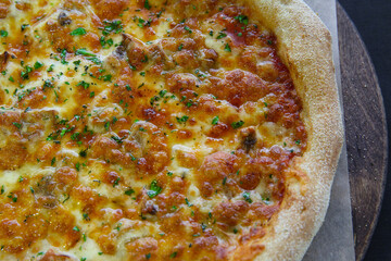 Hot pizza with mozzarella cheese and green basil close-up