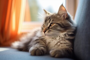 Cute cat  lying on a sofa in rays of sun.