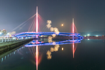 Masan Fish Market. Marine Nuri Park. Night view of the West Port Park Bridge in Changwon, South Gyeongsang Province, South Korea.