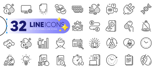 Outline set of Ram, Timer and Iodine mineral line icons for web with Graph chart, Mute, Statistics thin icon. Monitor settings, Qr code, Cloud share pictogram icon. Lotus, Time change. Vector