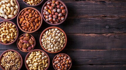 Assortment of nuts in bowls. Cashews, hazelnuts, walnuts, pistachios, pecans, pine nuts, peanuts, macadamia, almonds, brazil nuts. Food mix on wooden background, top view, copy space 