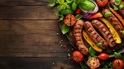 fresh grilled sausages with vegetables on wooden table, top view. Space for text 