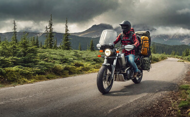 Fototapeta premium Adventurous motorcycle rider on the road on a motorcycle with camping bags
