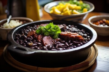 Feijoada - Brazilian Black Bean Stew traditional homemade meal at family dinner. Comfort food of meat with vegetables.