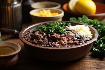 Feijoada - Brazilian Black Bean Stew traditional homemade meal at family dinner. Comfort food of meat with vegetables.