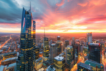 Obraz premium A breathtaking sunset over a cityscape with skyscrapers and vibrant skies, highlighting the urban architecture and city life.