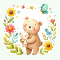 Cute cartoon bear mom hugging baby cub, sweet brown bears family watercolor with white background