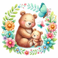 Cute cartoon bear mom hugging baby cub, sweet brown bears family watercolor with white background