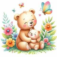 Cute cartoon bear mom hugging baby cub, sweet brown bears family watercolor with white background