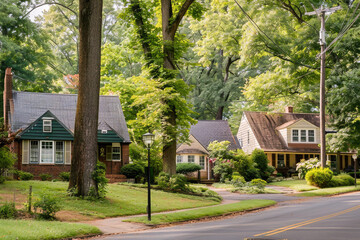 Quaint houses with green lawns on a peaceful suburban street on a sunny day, depicting comfortable American residential life.