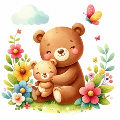 Cute cartoon bear mom hugging baby cub, sweet brown bears family watercolor with white background