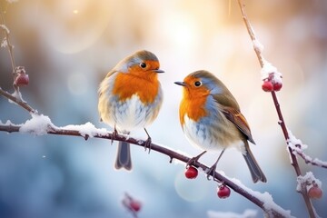 Fototapeta premium Two Robins in a Wintry Dance, Perched on Snow-Dusted Berries - A Harmony of Nature. Generative AI