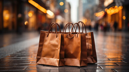 Lots of brown paper shopping bags for women, shopaholics in the mall. Sale concept. Copy space. - obrazy, fototapety, plakaty