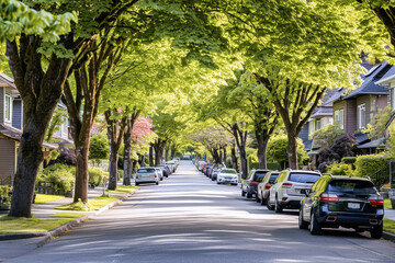 Fototapeta na wymiar A peaceful suburban street lined with lush green trees on a sunny spring day, depicting comfortable residential living.
