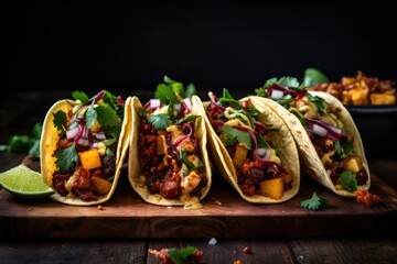 tacos with pork or chorizo at mexican restaurant served on wooden board  - obrazy, fototapety, plakaty