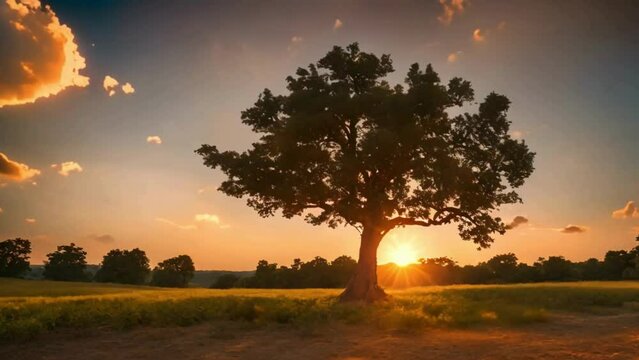 Time Lapse of The Tree Against The Background Of Bright Sunset