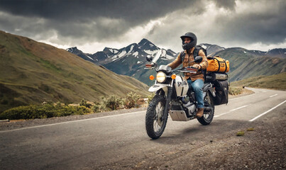 Fototapeta na wymiar Adventurous motorcycle rider on the road on a motorcycle with camping bags