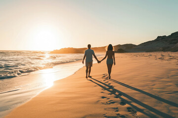 A young couple walking hand in hand along a sandy beach at sunset, leaving footprints in their wake.