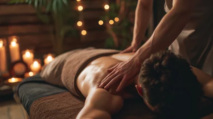 Schapenvacht deken met patroon Massagesalon Close-up of a man receiving therapeutic, relaxing back massage in a serene spa setting.