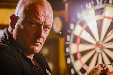 Intense portrait of a focused man playing darts, aiming at a dartboard with a determined expression in an indoor setting.