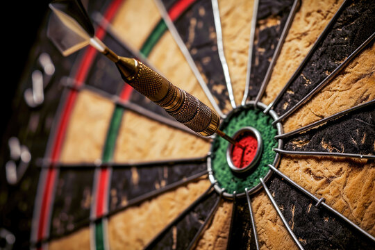 Close-up image of a dart stuck in the bullseye of a dartboard, symbolizing precision, success, and the sport of darts.