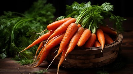 Vibrant and freshly picked carrots in a rustic basket on earthy soil   canon 5d mark iv, f5.6