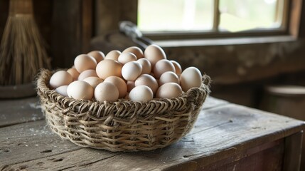 Basket of colorful chicken eggs on a wooden table in the chicken farm 