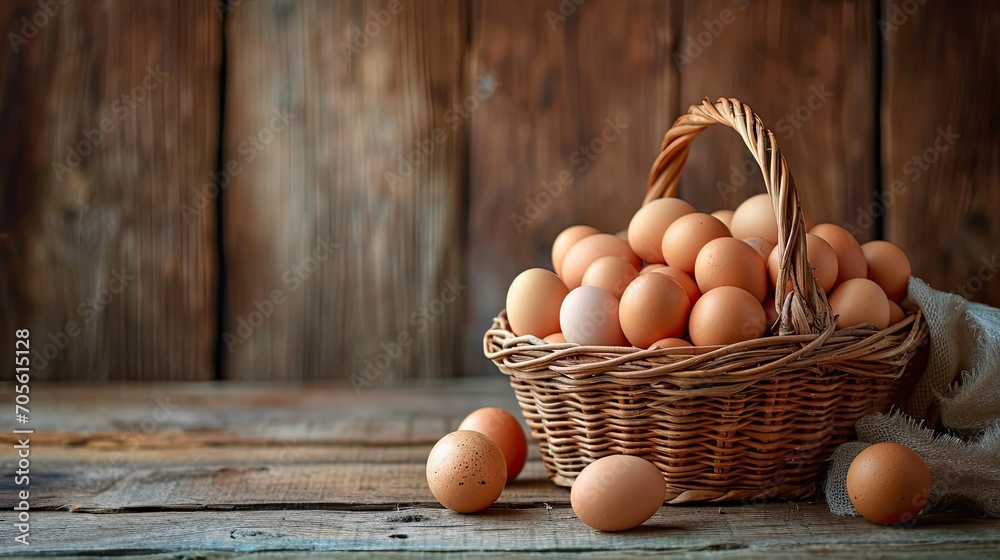 Wall mural basket of colorful chicken eggs on a wooden table in the chicken farm