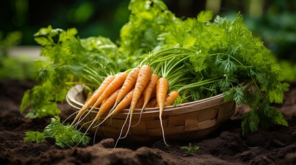 Vibrant carrots in rustic basket, rich orange color on earthy soil, canon 5d mark iv, f5.6