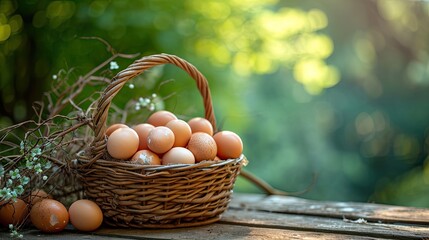 Basket of colorful chicken eggs on a wooden table in the chicken farm 