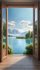 an open door with a view of a lake and mountains

