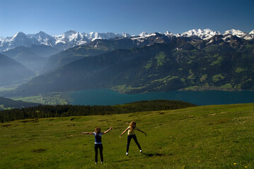 Niederhorn, Emmental Alps, Bernese Oberland, canton Bern, Switzerland, Europe : two young female...