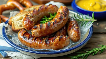 Bavarian traditional grilled pork sausages on ceramic plate served with german sweet mustard and pretzels bread on white and blue napkin over wooden background.