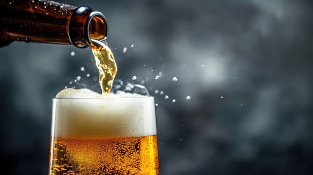 Beer is poured from dark brown bottle into beer glass. Close-up light fresh beer poured into glass steamed up from cold 