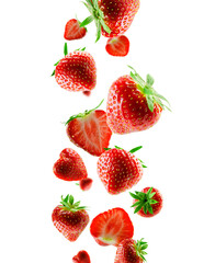 Excellently retouched whole and halved strawberries fall into space. Surround light from behind. Isolated on white
